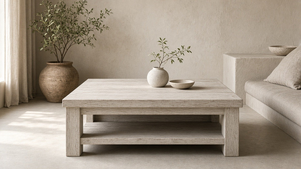 Bleached teak square coffee table in empty living room, warm plaster walls, soft daylight