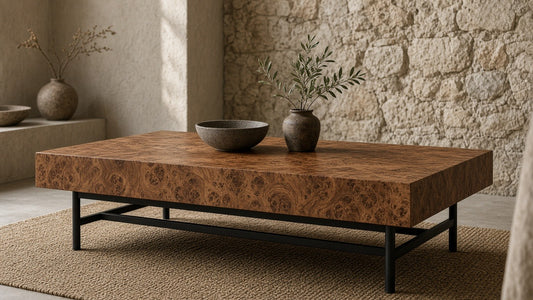 Burled coffee table with black metal legs in a quiet living room