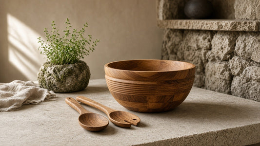 Acacia wood salad bowl with servers on a quiet stone dining counter
