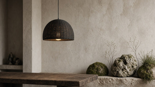 Black rattan dome pendant in a quiet wabi-sabi room