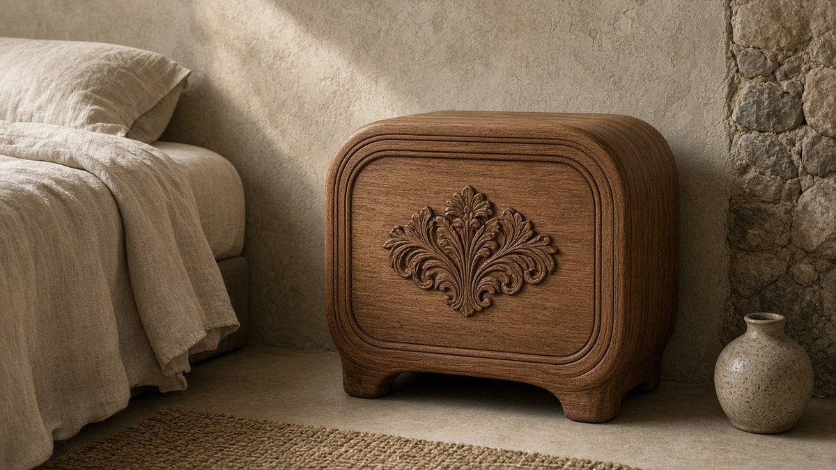 Capsule carved bedside in a quiet plaster bedroom