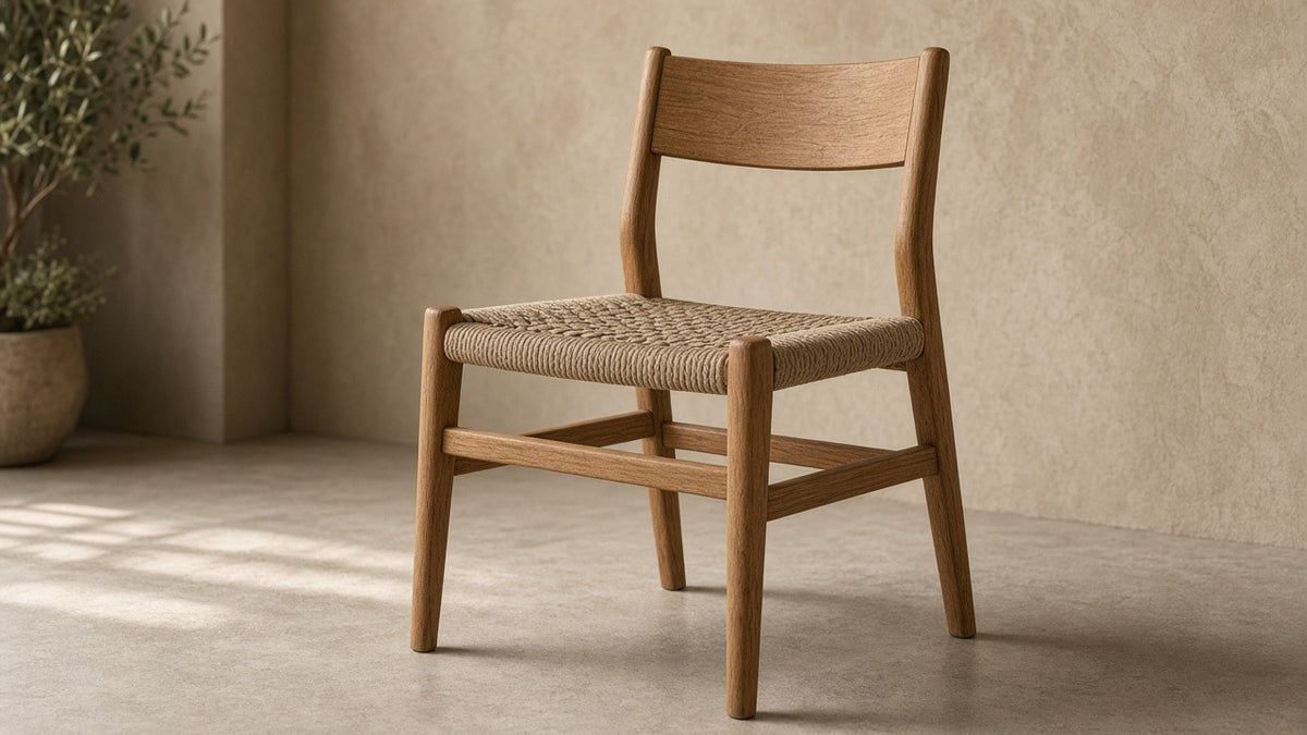Teak dining chair with woven rope seat in empty dining room, warm plaster walls, soft daylight