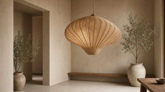 Handmade seashell-shape pendant in a quiet plaster entry
