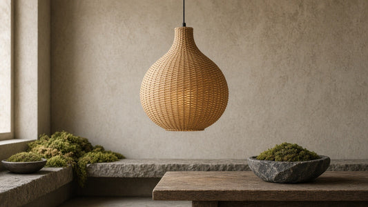 Woven rattan gourd pendant lamp in a quiet dining room