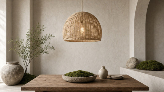 Organic rattan pendant lamp in a quiet japandi dining room