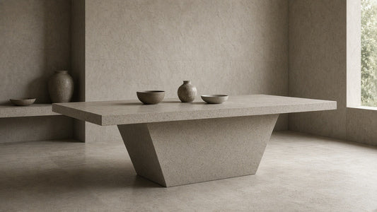 Bevis stone-top dining table in a quiet plaster dining room