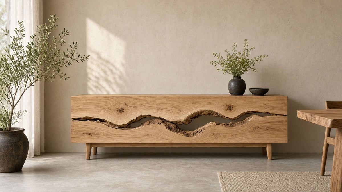 Light acacia live-edge sideboard in empty dining room, warm plaster walls, soft daylight