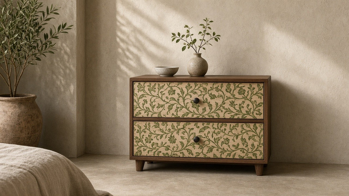 Green floral screen-printed bedside in a quiet plaster bedroom