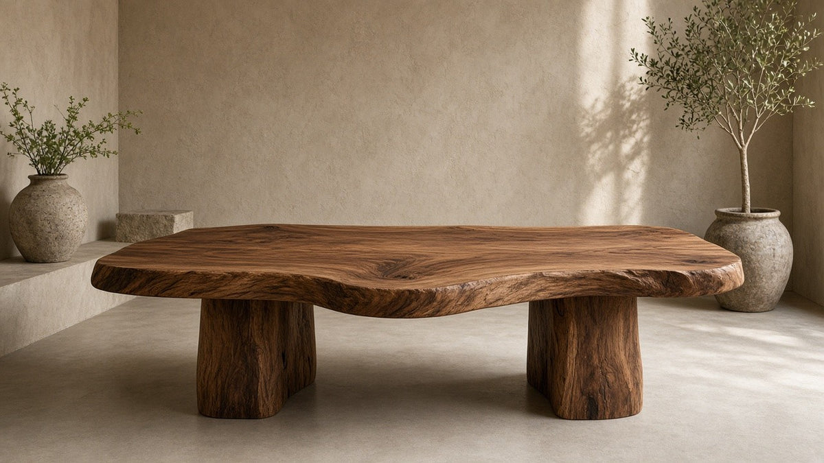 Suar slab coffee table in a quiet plaster living room