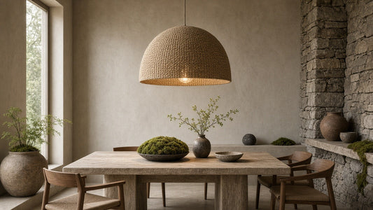 Handwoven jute dome pendant in a quiet rustic living room