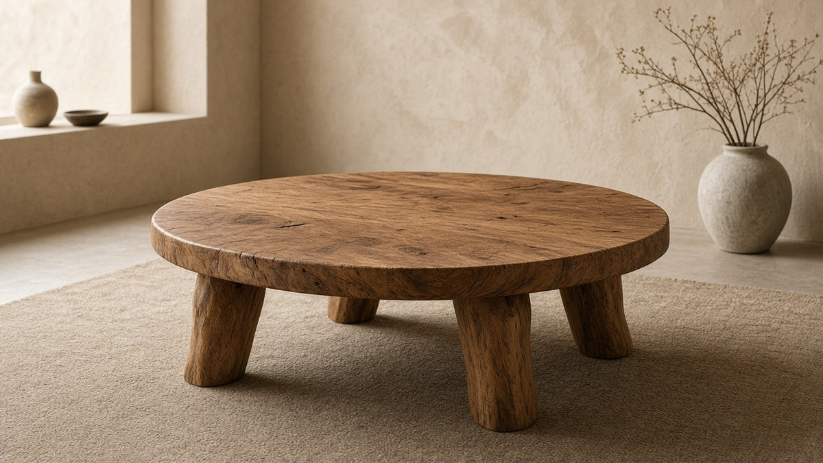 Bumi round suar coffee table in empty living room, warm plaster walls, soft daylight