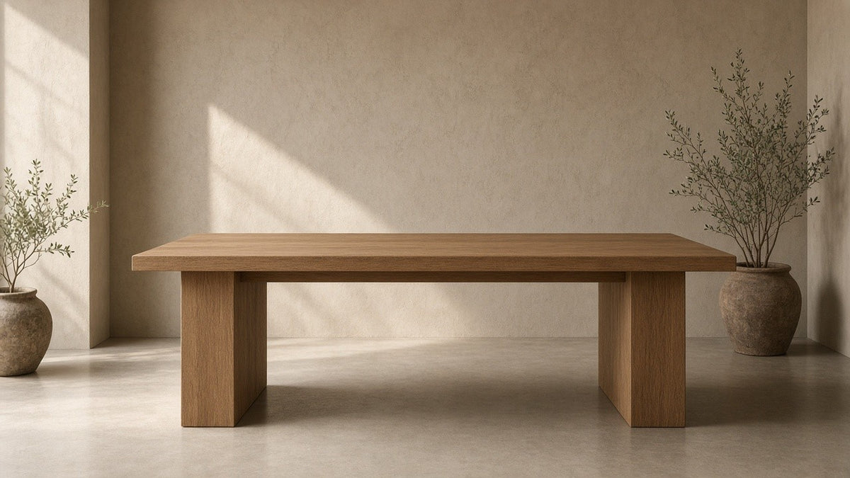 Minimal solid wood dining table in empty dining room, warm plaster walls, soft daylight