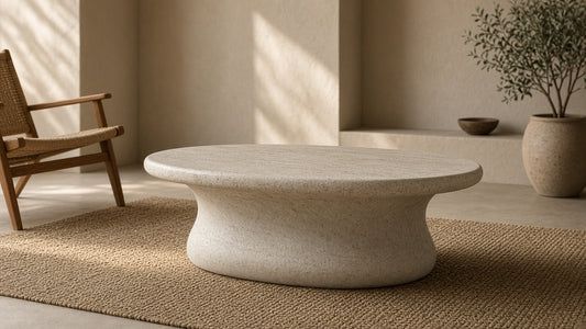 Conrad coffee table in empty living room, warm plaster walls, soft daylight