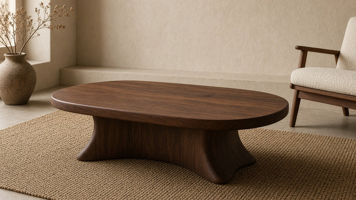 Sparrow solid wood coffee table brown in empty living room, warm plaster walls, soft daylight