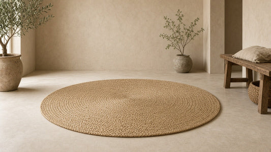 Hand-braided jute circle rug in a quiet plaster living room