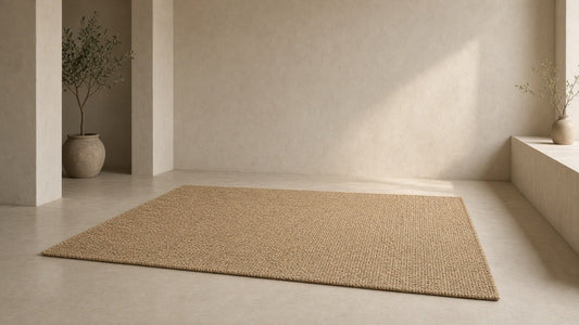 Natural jute cotton fiber rug in a quiet plaster room