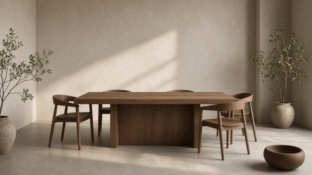 Minimal solid wood dining table in empty dining room, warm plaster walls, soft daylight