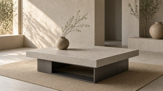 Square concrete and metal coffee table in a quiet plaster living room