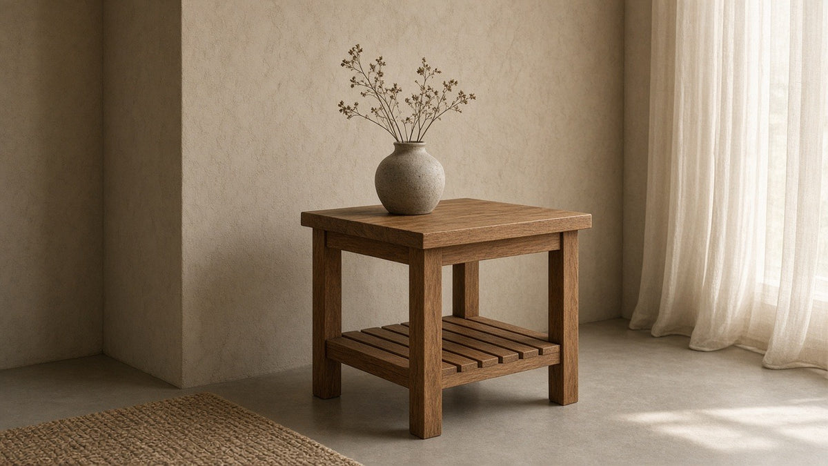 Ajmer solid wood side table in empty living room, warm plaster walls, soft daylight