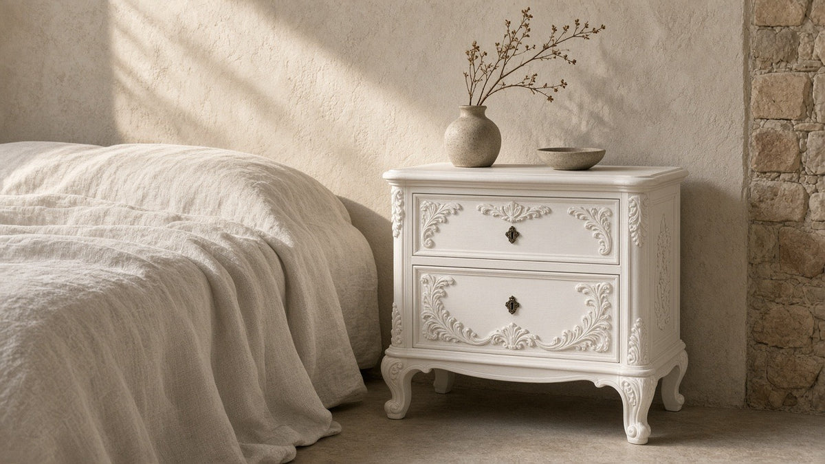 White carved bedside in a quiet plaster bedroom