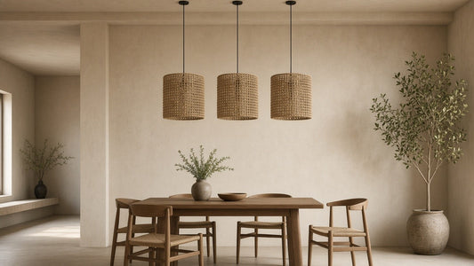 Trio of jute mesh cylinder pendants over a quiet dining table