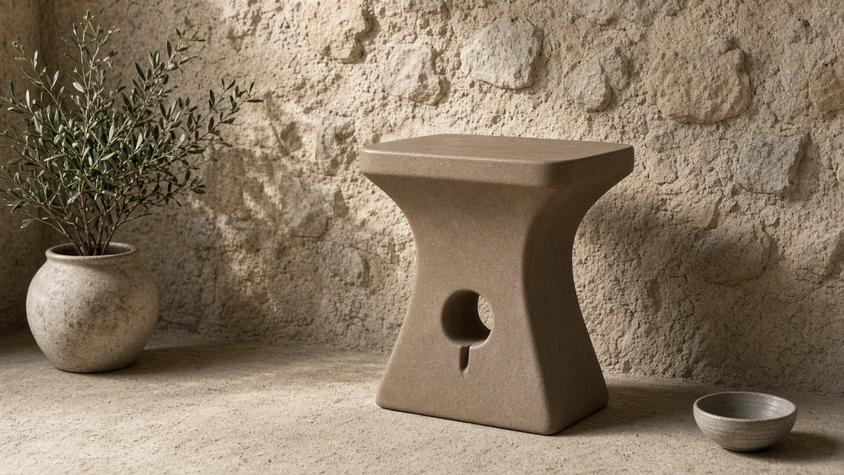 Citizen side table in a quiet stone living corner