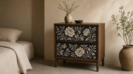 Black floral screen-printed bedside in a quiet plaster bedroom