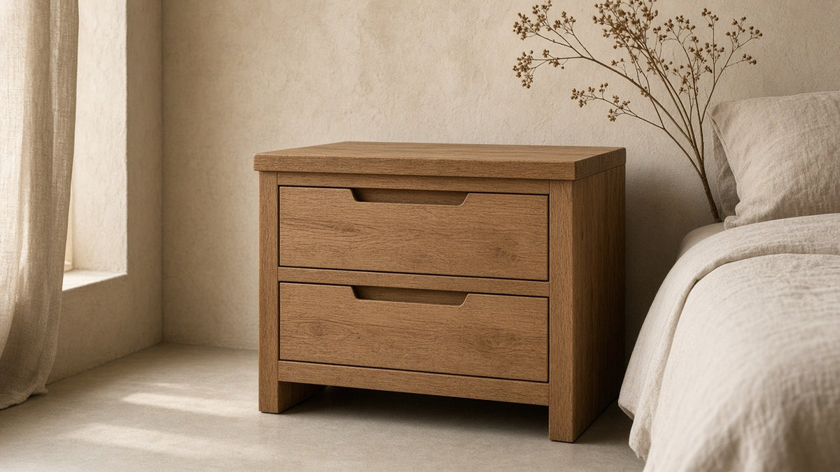 Rum handcrafted solid wood nightstand in empty bedroom, warm plaster walls, soft daylight