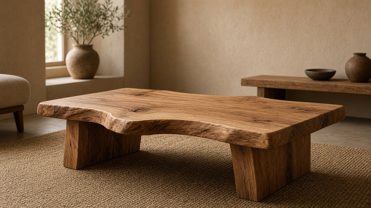 Timbergirl solid wood live-edge coffee table in empty living room, warm plaster walls, soft daylight