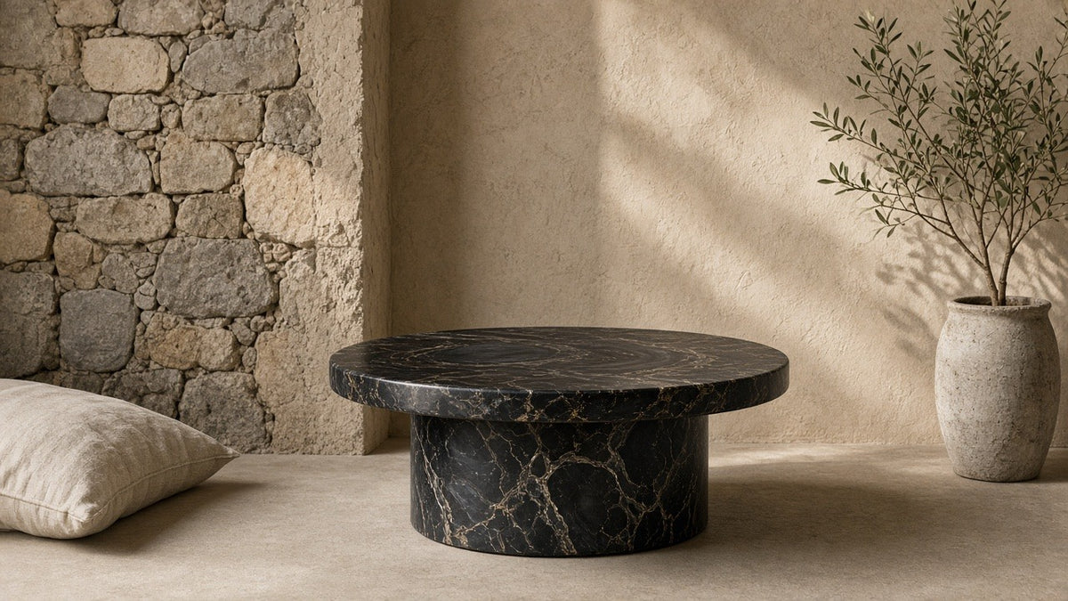 Black agate round side table in a quiet stone living corner