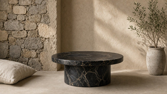 Black agate round side table in a quiet stone living corner