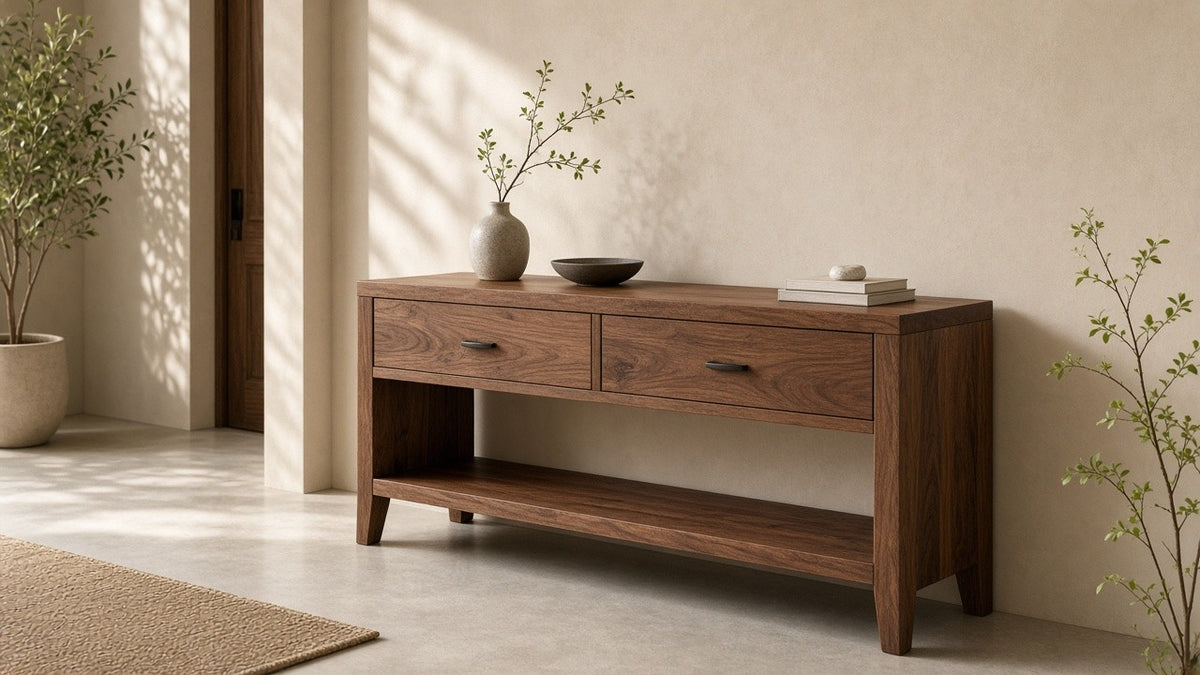 Handmade solid walnut console in a quiet plaster entryway