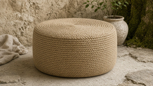 Beige jute pouffe ottoman in a quiet stone living corner