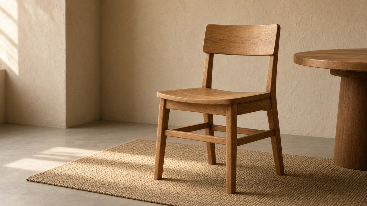 Acacia wood dining chair in empty dining room, warm plaster walls, soft daylight