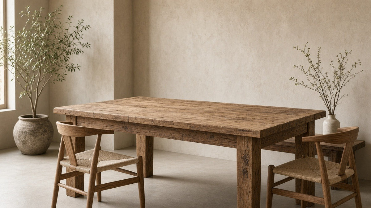 Recycled teak dining table in empty dining room, warm plaster walls, soft daylight