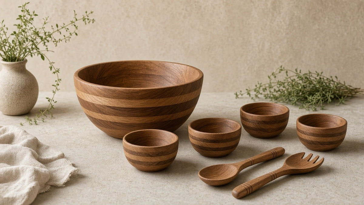 Seven-piece banded wood salad bowl set on a quiet stone kitchen counter