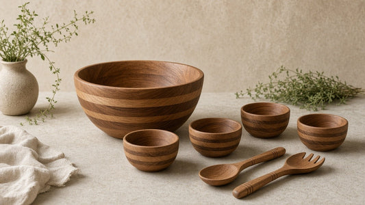 Seven-piece banded wood salad bowl set on a quiet stone kitchen counter
