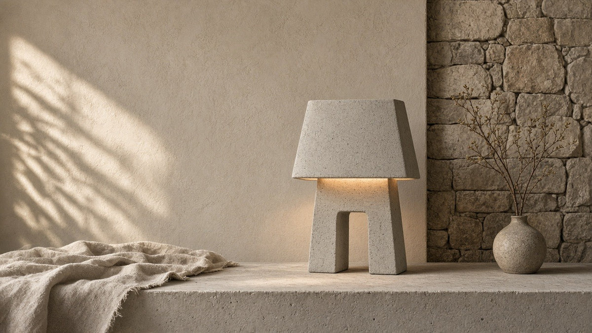 Concrete table lamp in a quiet plaster bedroom corner