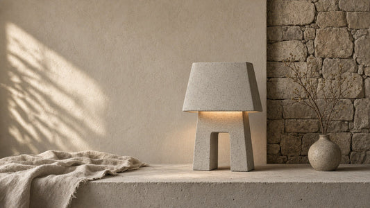 Concrete table lamp in a quiet plaster bedroom corner
