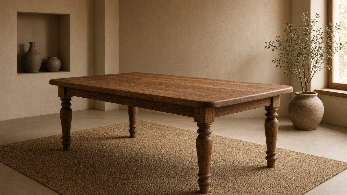 Classic solid wood dining table in empty dining room, warm plaster walls, soft daylight