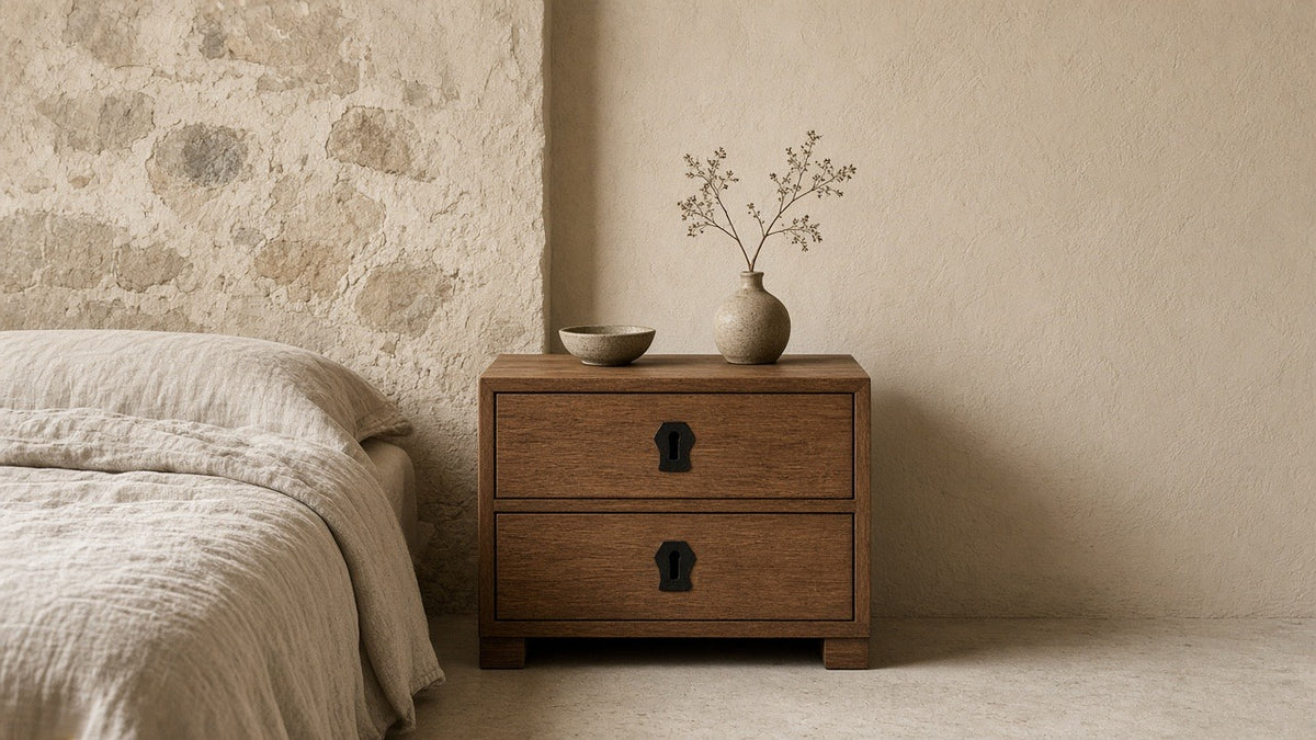 London bedside with drawers in a quiet bedroom