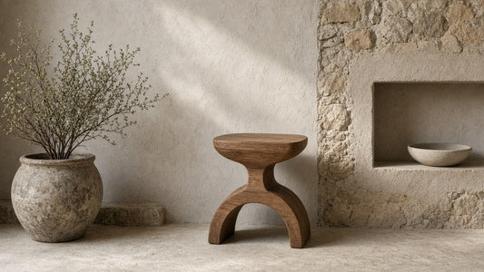 Naive side table in a quiet stone living corner