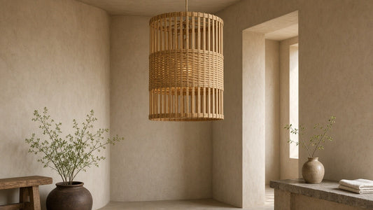 Rustic bamboo cylinder pendant in a quiet plaster room