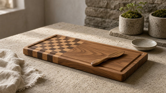 End-grain acacia cheese board with wooden spreader on a quiet stone counter