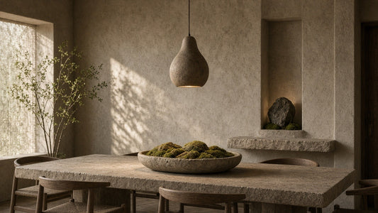 Organic texture pendant light in a quiet wabi-sabi dining room