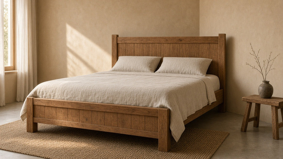 Mervyn solid wood bed frame in empty bedroom, warm plaster walls, soft daylight
