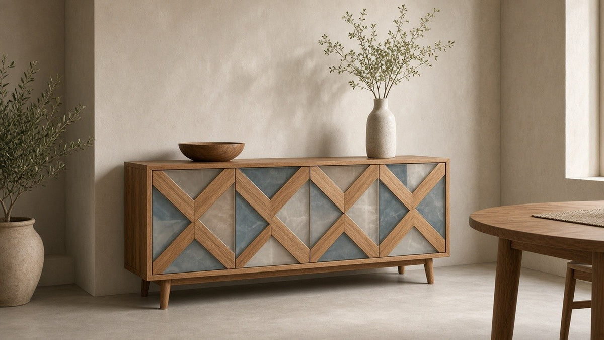 Wood and resin geometric buffet in empty dining room, warm plaster walls, soft daylight