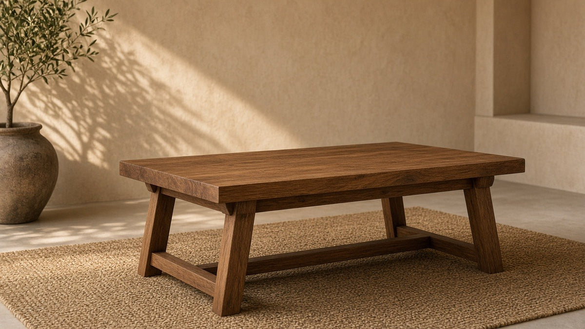 Sheesham wood coffee table in empty living room, warm plaster walls, soft daylight