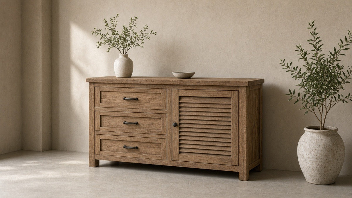 Recycled teak cabinet with drawers in empty bedroom, warm plaster walls, soft daylight