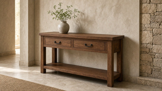 Harper solid wood hallway console in a quiet plaster entry